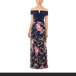 Xscape Women's Short Sleeve Off Shoulder Full Length Dress Blue